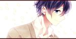  blue_eyes ear_piercing earrings highres hori-san_to_miyamura-kun jewelry male_focus miyamura_izumi mocha_(makoume) piercing purple_hair school_uniform stud_earrings 