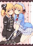  alice_margatroid alternate_costume ankle_lace-up belt black_legwear blonde_hair blush cross-laced_footwear green_eyes hairband kirisame_marisa lockheart lolita_hairband long_sleeves looking_at_viewer multiple_girls pantyhose short_hair short_sleeves touhou wrist_cuffs yellow_eyes 