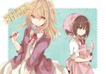  apron bad_id bad_pixiv_id bandaid blonde_hair brown_eyes brown_hair dress kitchen_knife ladle long_hair looking_at_viewer maribel_hearn miya_(tsumazukanai) multiple_girls open_mouth purple_eyes shirt smile touhou usami_renko white_dress 