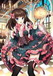  black_legwear blue_eyes blush bow brown_hair chandelier dress frills furyou_michi_~gang_road~ globe imabeppu_komomo long_hair long_sleeves looking_at_viewer nardack open_mouth petticoat solo thighhighs 