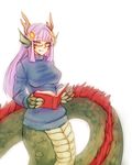  animal_ears blush book breasts dragon_ears dragon_horns glasses highres horns lamia large_breasts monorus monster_girl monster_girl_encyclopedia purple_hair reading ryuu_(monster_girl_encyclopedia) scales smile solo sweater turtleneck yellow_eyes 