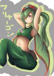  belt between_breasts breasts character_name crop_top flygon gem gen_3_pokemon goggles goggles_on_head green_hair green_wings hood jewelry midriff navel necklace open_mouth pants pendant personification pokemon ponytail red_eyes solo taketiyi tattoo wings 