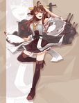  ahoge bare_shoulders blue_eyes boots brown_hair detached_sleeves double_bun hair_ornament hairband headgear highres japanese_clothes kamo_(yokaze) kantai_collection kongou_(kantai_collection) long_hair nontraditional_miko one_eye_closed open_mouth pleated_skirt salute skirt solo thigh_boots thighhighs zettai_ryouiki zoom_layer 