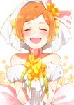  ^_^ bare_shoulders blush closed_eyes dress earrings flower gloves happy highres hoshizora_rin jewelry love_live! love_live!_school_idol_project love_wing_bell mgmgkyun open_mouth orange_hair short_hair smile solo veil white_background white_dress white_gloves 