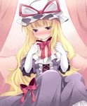  bad_id bad_pixiv_id bare_shoulders bed blonde_hair blush bow canopy_bed dress dress_pull elbow_gloves gloves hammer_(sunset_beach) hat hat_ribbon long_hair looking_away mob_cap off_shoulder on_bed purple_dress purple_eyes ribbon sitting sitting_on_bed solo touhou very_long_hair white_gloves yakumo_yukari 