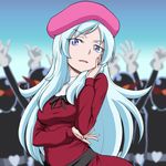  beret blue_background blue_eyes blue_hair blue_sky blush choiark cowboy_shot crowd dress eyelashes gradient gradient_background hand_on_own_face happinesscharge_precure! hat hone_(koppun) hosshiwa light_blue_hair long_hair long_sleeves looking_at_viewer open_mouth pink_hat precure red_dress silhouette sky solo_focus standing 