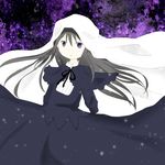  akemi_homura bad_id bad_pixiv_id black_hair blanket closed_mouth dress funeral_dress long_hair mahou_shoujo_madoka_magica mahou_shoujo_madoka_magica_movie moimoi_(tsr04) purple_eyes ribbon solo 