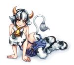  animal_ears bell bell_collar black_hair blush breasts collar covered_nipples cow_ears cow_girl cow_horns cow_tail fur green_eyes halter_top halterneck holstaurus hooves horns large_breasts midriff monorus monster_girl monster_girl_encyclopedia multicolored_hair navel short_hair shorts smile solo suspenders tail tail_raised taut_clothes two-tone_hair white_hair 