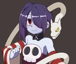  blue_skin hair_over_one_eye highres leviathan_(skullgirls) long_hair oza_watto purple_eyes purple_hair skullgirls smile solo squigly_(skullgirls) stitched_mouth stitches zombie 
