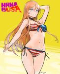  1girl aimitsu_(ibityuttyu) akuma_no_riddle american_flag_bikini arm_up bikini black_ribbon blue_eyes blush breasts brown_hair cleavage flag_print floating_hair front-tie_bikini front-tie_top grin groin hair_between_eyes hanabusa_sumireko hand_in_hair long_hair medium_breasts navel ribbon side-tie_bikini sketch smile solo standing strapless strapless_bikini swimsuit very_long_hair yellow_background 