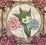  blue_flower blue_rose eyelashes flower frame gen_3_pokemon looking_at_viewer no_humans plant pokemon pokemon_(creature) red_flower red_rose rose roselia smile sparkle spikes thorns vines yukika 