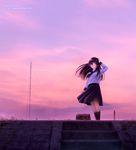  artist_name bag black_hair black_legwear blush brown_eyes clenched_hand cloud hand_on_own_head kazuharu_kina long_hair long_skirt long_sleeves neckerchief original pleated_skirt radio_tower scenery school_uniform serafuku skirt sky solo stairs standing sunset watermark web_address wind 