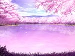  bad_pixiv_id cherry_blossoms cloud cloudy_sky day forest grass lake landscape nature no_humans original petals pink reflection rukitsura scenery sky tree water 
