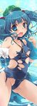  backpack bag blue_eyes blue_hair blush breasts covered_nipples fang groin hair_bobbles hair_ornament hat kawashiro_nitori looking_at_viewer medium_breasts off_shoulder open_mouth school_swimsuit sideboob solo sweat swimsuit tears torn_clothes torn_swimsuit touhou two_side_up underboob yuu_(kfc) 