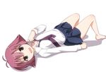  barefoot full_body kanbara_satomi looking_at_viewer necktie open_mouth pleated_skirt red_hair saki school_uniform short_hair skirt smile solo tsuruga_school_uniform umekichi undressing 