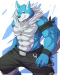  abs anthro bandage belt biceps big_muscles black_nose blue_eyes blue_fur bracelet canine chain chest_tuft clothing fangs fur grin jewelry looking_at_viewer male mammal muscles pants pecs pose rabbity smile solo standing teeth toned topless tuft white_fur wolf 