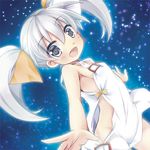  :d breasts dress earrings hair_ribbon jewelry looking_at_viewer lowres no_panties open_mouth ribbon sideboob silver_eyes sky sleeveless small_breasts smile solo space star_(sky) starry_sky tama_(wixoss) tougo twintails white_dress white_hair wixoss 