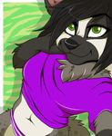  black_hair black_nose clothing female green_eyes hair hyena invalid_color invalid_tag mammal meer mustelid panties purple_shirt selfie shirt short short_hair solo spots underwear zebrawolf 