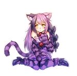  animal_ear_fluff animal_ears argyle argyle_legwear blush bow cat_ears cheshire_cat_(monster_girl_encyclopedia) hair_bow long_hair monorus monster_girl monster_girl_encyclopedia multicolored_hair out_of_character paws purple_hair purple_legwear sitting solo tail two-tone_hair wariza yellow_eyes 