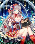  accordion blue_eyes blush boots breasts cleavage dress flower grey_hair headband instrument long_hair looking_at_viewer medium_breasts nardack open_mouth original puffy_sleeves short_sleeves sitting smile solo traditional_clothes 