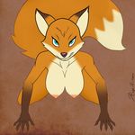  all_fours anthro areola big_areola big_breasts big_nipples breasts canine female fox fur gloves_(marking) hanging_breasts huge_breasts kagekitsoon looking_at_viewer mammal markings nipples nude orange_fur pounce solo teal_eyes teeth vela 