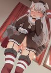  after_sex amatsukaze_(kantai_collection) blood blush censored closed_eyes cum cum_in_pussy cumdrip dress garter_straps gloves highres kantai_collection long_hair pussy sailor_dress short_dress silver_hair single_glove solo striped striped_legwear tachimi_(basue) tears thighhighs two_side_up 