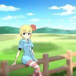  alternate_costume blonde_hair blue_sky cato_(monocatienus) cloud contemporary day fence hair_ribbon hood hooded_track_jacket jacket looking_at_viewer meadow mountain outdoors pantyhose red_eyes ribbon rumia shadow short_hair sitting sky smile solo striped striped_legwear touhou track_jacket 