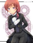  blush bow bowtie copyright_name formal gloves looking_at_viewer love_live! love_live!_school_idol_project love_wing_bell marimo_danshaku nishikino_maki ponytail purple_eyes red_hair short_hair smile solo tuxedo 