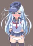  belt_collar black_legwear blue_eyes blush collar dated embarrassed hat heart-shaped_lock heart_lock_(kantai_collection) hibiki_(kantai_collection) kantai_collection lifted_by_self lock long_hair looking_away panties pleated_skirt s_ibane school_uniform serafuku silver_hair skirt skirt_lift solo thighhighs translated underwear white_panties 