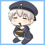  blue_dress bowl chibi closed_eyes clothes_writing dress eating food hat kantai_collection pantyhose puchimasu! sailor_dress sailor_hat short_hair silver_hair simple_background solo spoon spoon_in_mouth white_background yuureidoushi_(yuurei6214) z1_leberecht_maass_(kantai_collection) 