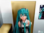  aqua_eyes aqua_hair arms_behind_back blake breasts colored_eyelashes dated detached_sleeves door doorknob hair_ornament hatsune_miku long_hair looking_at_viewer medium_breasts necktie open_mouth poster_(object) shelf signature skirt solo twintails very_long_hair vocaloid 