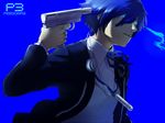  blue_eyes blue_hair evoker glowing glowing_eyes gun gun_to_head hair_over_one_eye holding holding_gun holding_weapon male_focus persona persona_3 ruchi school_uniform solo weapon yuuki_makoto 