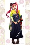  1girl bleach blue_hakama boots brown_footwear character_name dokugamine_riruka floral_print full_body hakama hat head_tilt japanese_clothes kimono long_hair long_sleeves pink_eyes pink_hair print_kimono shiny shiny_hair solo standing twintails umi_(pixiv6861961) very_long_hair white_hat 