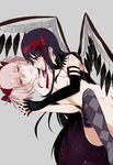  akemi_homura akuma_homura bad_id bad_pixiv_id bare_shoulders black_gloves black_hair black_wings bow choker closed_mouth elbow_gloves feathered_wings gloves grey_background hair_bow highres interlocked_fingers kaname_madoka long_hair looking_at_another looking_at_viewer mahou_shoujo_madoka_magica mahou_shoujo_madoka_magica_movie multiple_girls nude pink_eyes pink_hair purple_eyes short_twintails simple_background spoilers star_(sky) thighhighs thorn_(ashthorn) tongue tongue_out twintails wings yuri 