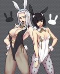  animal_ears black_hair bruno_buccellati bunny_ears bunny_tail bunnysuit detached_collar fishnets genderswap genderswap_(mtf) jojo_no_kimyou_na_bouken leone_abbacchio leotard long_hair minnnaorenoyome multiple_girls pantyhose tail v-neck white_hair wrist_cuffs 