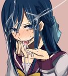  aoki_shizumi blue_eyes blue_hair blush braid bukkake cum cum_in_hands cum_in_mouth cum_on_hair cum_on_tongue cupping_hand dokidoki!_precure facial gag gagged hair_ribbon half_updo hands hishikawa_rikka oogai_daiichi_middle_school_uniform precure purple_sailor_collar ribbon ring_gag sailor_collar school_uniform serafuku simple_background solo 