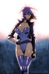  2014 artist_name belt breasts cleavage fingerless_gloves ghost_in_the_shell ghost_in_the_shell_stand_alone_complex gloves jacket kusanagi_motoko large_breasts leotard nana_(inanna-nakano) open_clothes open_jacket purple_hair purple_leotard red_eyes short_hair solo thighhighs 