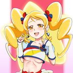  blonde_hair blush breasts candy cure_honey earrings eating eyelashes food hair_ornament hair_ribbon happinesscharge_precure! heart hone_(koppun) jewelry long_hair looking_at_viewer magical_girl medium_breasts midriff navel oomori_yuuko open_mouth popcorn_cheer precure puffy_sleeves ribbon shirt skirt smile solo tongue tongue_out twintails underboob vest wrist_cuffs yellow_eyes 