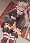  amatsukaze_(kantai_collection) black_panties blush brown_eyes censored dress dress_lift garter_straps gloves highres kantai_collection long_hair panties panty_pull pussy sailor_dress short_dress side-tie_panties silver_hair single_glove solo striped striped_legwear tachimi_(basue) tears thighhighs two_side_up underwear 
