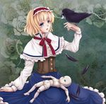 album_cover alice_margatroid animal bird bird_on_hand blonde_hair blue_eyes bodice capelet corset cover crow doll doll_joints dress eyeball eyes feathers fingernails floral_background flower green_background hairband hand_up lolita_hairband long_sleeves mitsucho open_mouth ribbon rose short_hair sitting solo touhou 