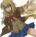 bad_id bad_pixiv_id blonde_hair blue_skirt bow bowtie brown_eyes coat coppelion glowing long_hair lowres miniskirt ozu_kanon phantom_rider pleated_skirt scarf simple_background skirt solo sweater_vest white_background 