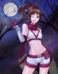  ;q bare_shoulders brown_eyes brown_hair contrapposto crop_top full_moon gauntlets gloves high_ponytail kunai kunoichi_(sengoku_musou) moon navel night ninja one_eye_closed pink_scarf ponytail pouch scarf sengoku_musou sengoku_musou_3 shorts solo standing tongue tongue_out tree twc_(p-towaco) weapon 