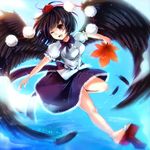  ;d bare_legs black_hair black_wings fan feathered_wings feathers geta hat hauchiwa looking_at_viewer one_eye_closed open_mouth red_eyes shameimaru_aya short_hair skirt smile solo tokin_hat touhou wings yukiiri 