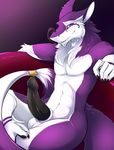  black_penis ear_piercing erection ethan_(teckly) fur humanoid_penis long_tongue looking_at_viewer male nude penis piercing purple_eyes purple_fur seated sergal sitting solo spazzykoneko tongue 