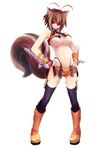  animal_ears antenna_hair black_legwear blazblue boots breasts brown_hair fingerless_gloves full_body gloves hands_on_hips highres jijii48 large_breasts looking_at_viewer makoto_nanaya miniskirt navel orange_skirt red_eyes short_hair simple_background skirt smile solo squirrel_ears squirrel_tail standing tail thighhighs tonfa underboob weapon white_background 