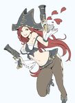  artist_request bare_shoulders blue_eyes boots breasts detached_sleeves dual_wielding gun handgun hat heart high_heel_boots high_heels holding large_breasts league_of_legends long_hair looking_at_viewer midriff navel open_mouth pinky_out pirate pirate_hat pistol red_hair sarah_fortune simple_background smile solo very_long_hair weapon white_background 