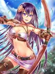  angelmaster bow_(weapon) breasts kahlua_(angelmaster) large_breasts long_hair navel neme official_art purple_eyes purple_hair smile solo thighhighs weapon 