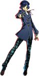  blue_eyes blue_hair cabbie_hat dark_persona full_body gun handgun hat highres official_art pants persona persona_4 persona_4:_the_ultimate_in_mayonaka_arena pistol plaid reverse_trap shadow_(persona) shadow_naoto shirogane_naoto short_hair soejima_shigenori solo transparent_background unmoving_pattern weapon 