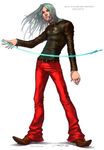  flares green_eyes green_hair jacket jewelry leather leather_jacket lividvelvet long_hair male_focus omega_symbol pants pointy_shoes remy_(street_fighter) ring shoes signature solo street_fighter street_fighter_iii_(series) twitter_username 