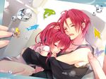  1girl blush brother_and_sister closed_eyes free! long_hair matsuoka_gou matsuoka_rin photo_(object) ponytail red_hair sharp_teeth siblings sleeping teeth tukino_(panna) 